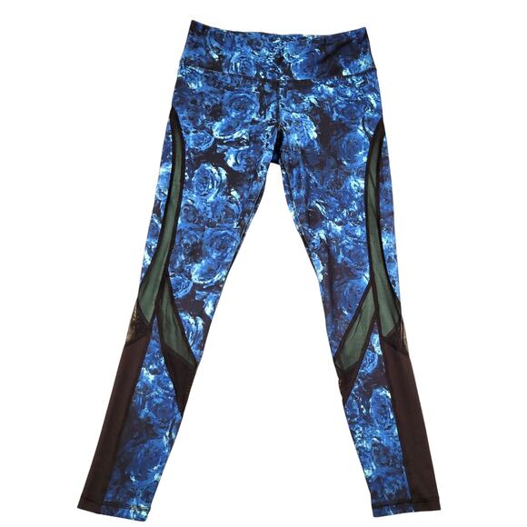 Glyder Leggings Women's Medium Blue Floral Mid Rise Mesh Pocket Performance Yoga - Picture 2 of 8